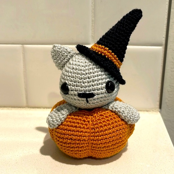 Hand Crafted Other - Handcrafted Pumpkin Cat Halloween Figure Holiday Decor Amigurui Crochet